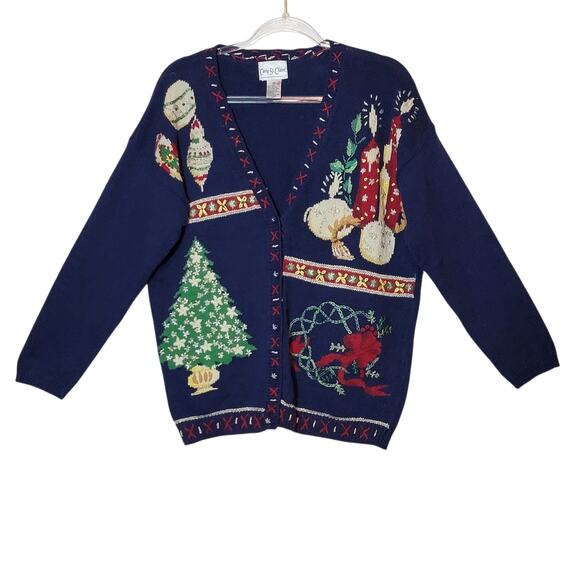 Carly St Claire Sweaters - Vintage Carly St Claire Embroidered Christmas Cardigan Sweater Blue Red M Retro